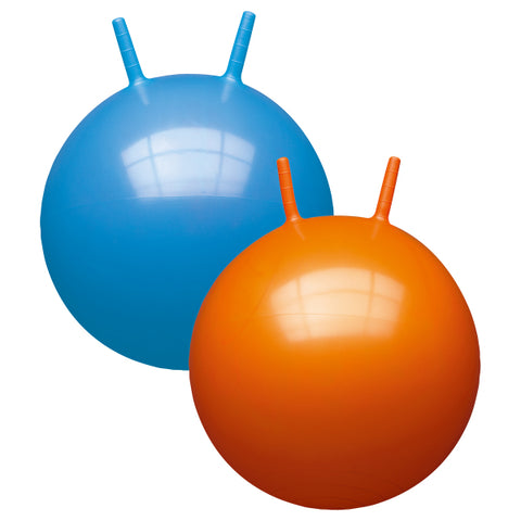 Hüpfball uni, ø 60 cm 2-fach ass. orange/blau, mit Griffhörnchen